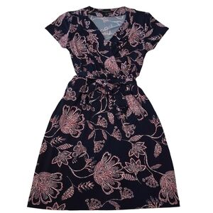 ✨2/$25 Banana Republic Black and Pink Floral Midi Tie Waist Dress With Pockets